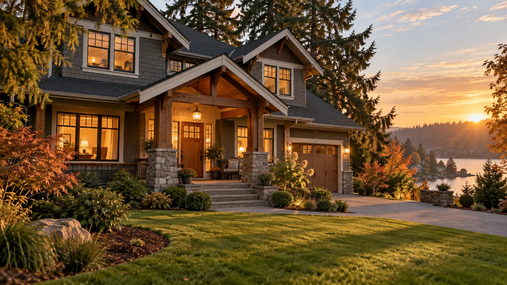 Welcoming craftsman home at golden hour in a Lake Oswego, Oregon neighborhood